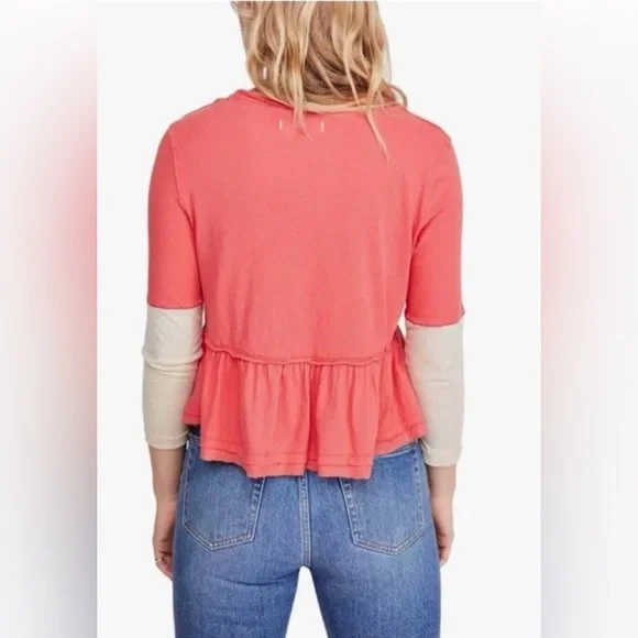 We The Free Heart of Mine Colorblock Peplum Top Henley Coral Salmon Cream Size S - Picture 4 of 9